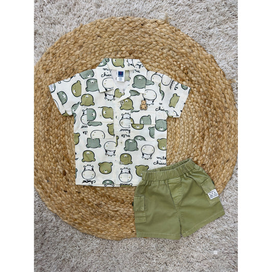 Boys Bear Print Shirt & Brown Shorts Set