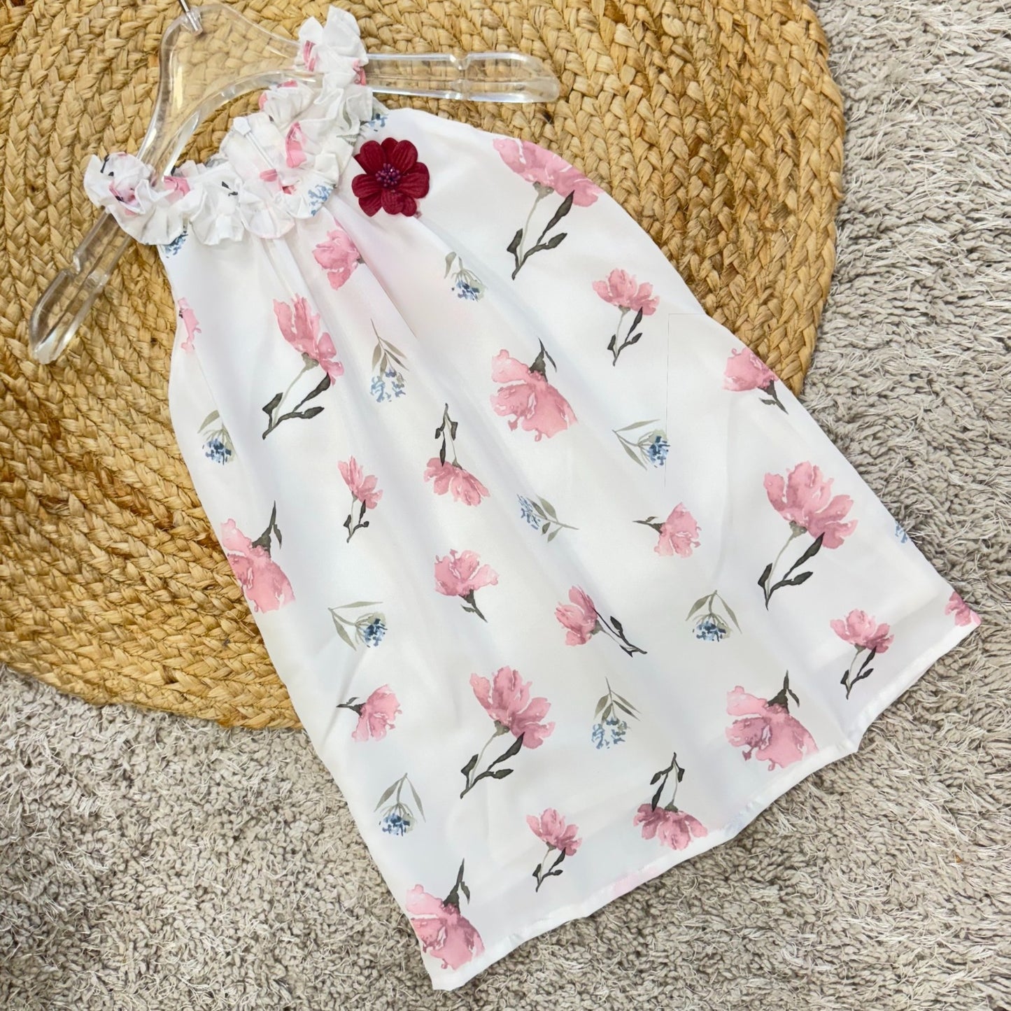 Chiffon Floral Dress with Ruffle Neckline