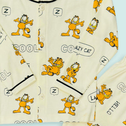 Full Sleeves Crazy Cat  Print Night Suit Set - Yellow