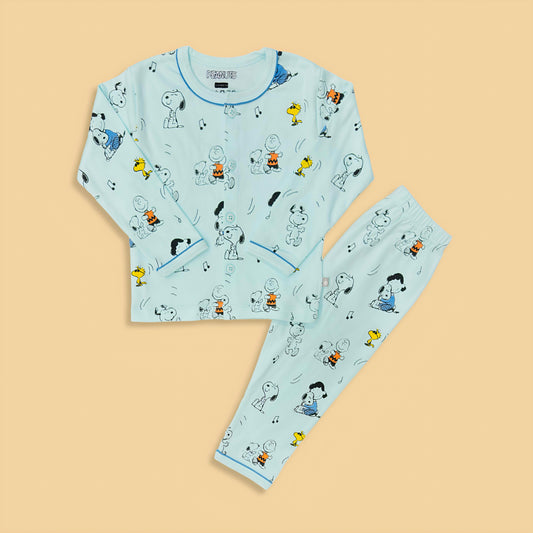 Full Sleeves Snoopy Beagle Print Night Suit Set - White