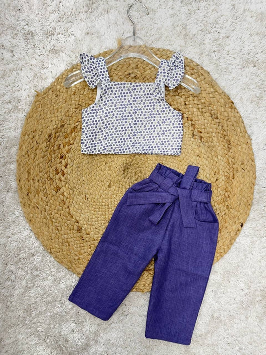 Stylish Polka Dot Crop Top with Belted Pants Set