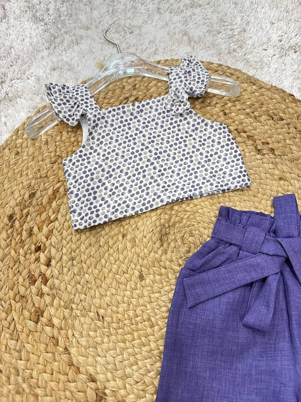 Stylish Polka Dot Crop Top with Belted Pants Set