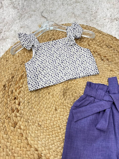 Stylish Polka Dot Crop Top with Belted Pants Set