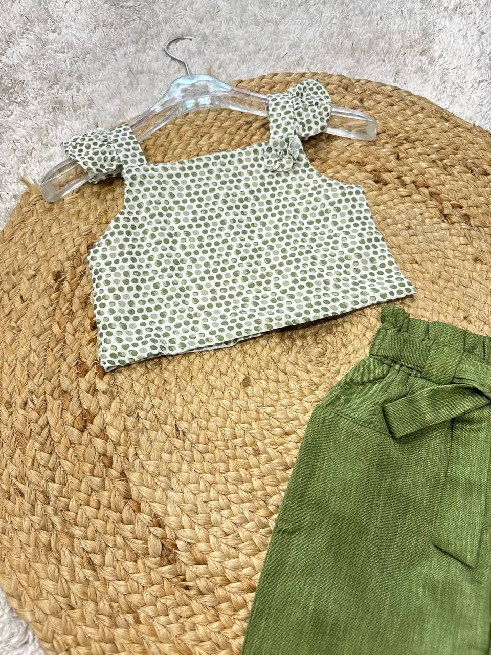 Stylish Polka Dot Crop Top with Belted Pants Set