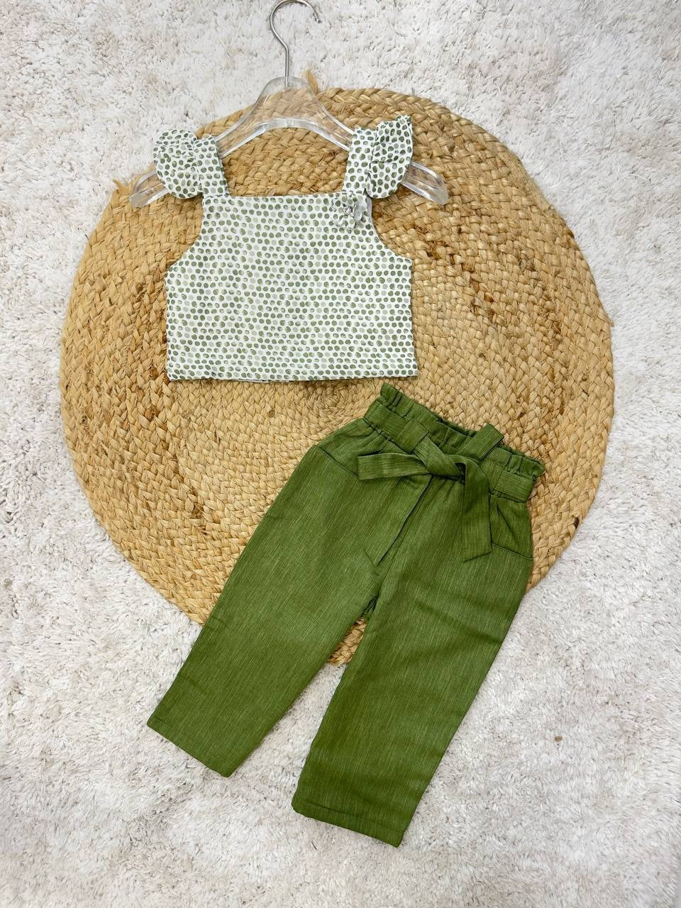Stylish Polka Dot Crop Top with Belted Pants Set