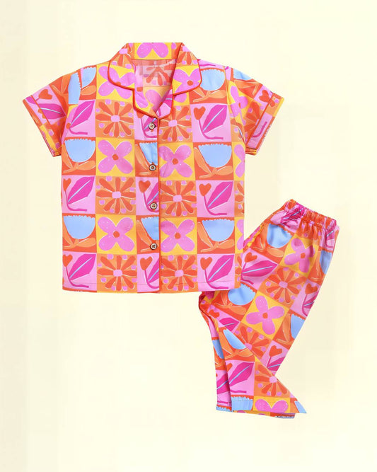 Vibrant Retro Floral Night Suit set for Kids