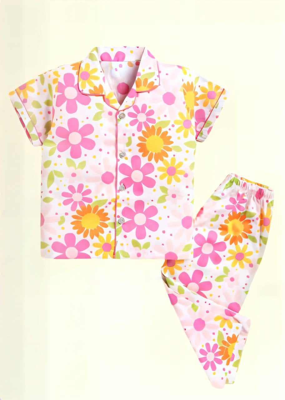 Bright Soft Cotton floral button-down Night Suit