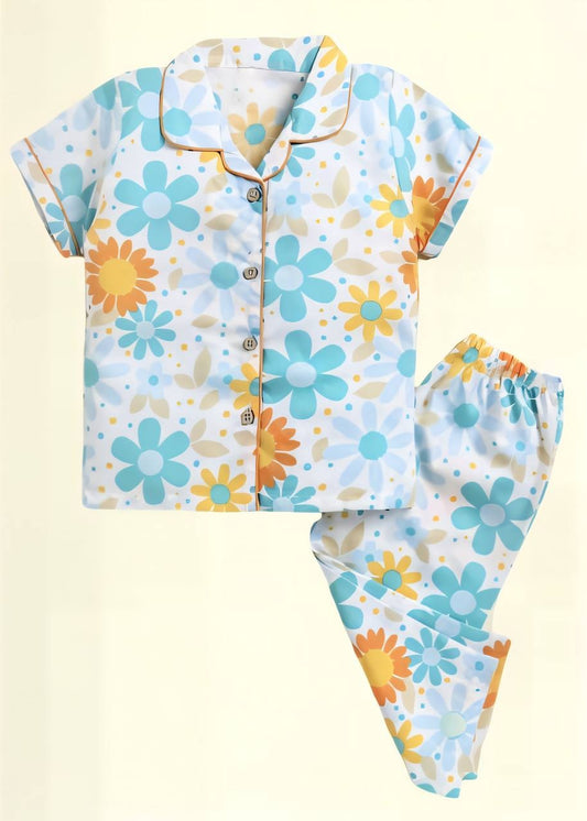 Bright Soft Cotton floral button-down Night Suit
