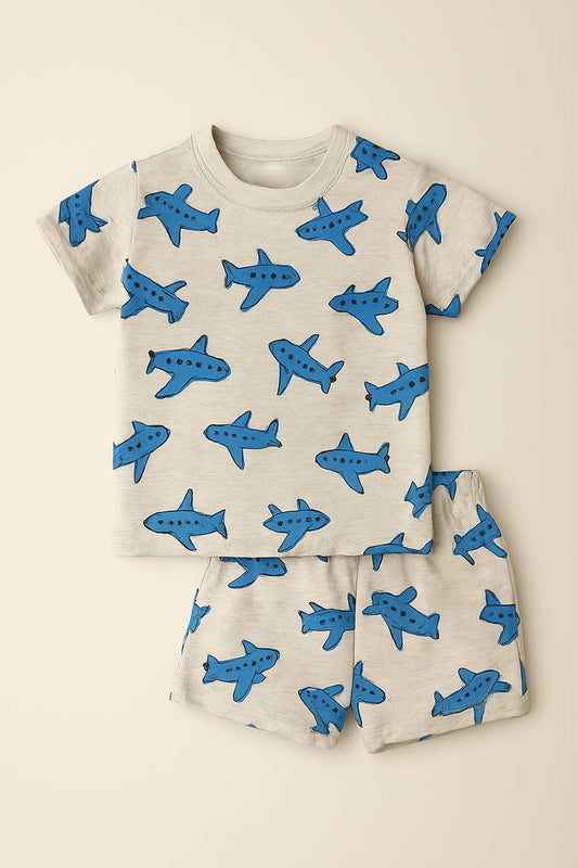 Mumbl Jumbl Blue Airplane Print Co-Ord Set for Boys