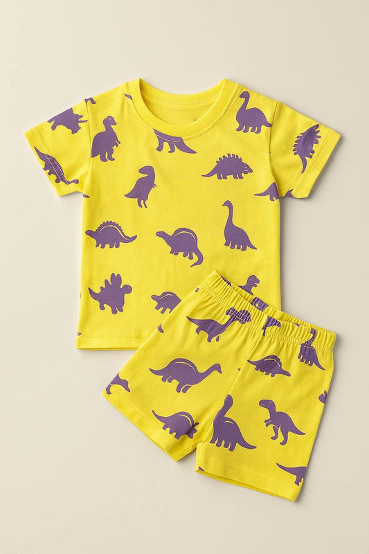 Bright Yellow Dino Print Co-ord Set for Kids