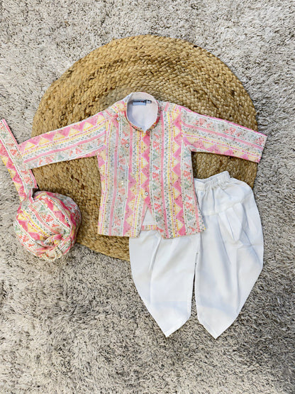 Pastel Printed Kurta Set with Pagdi