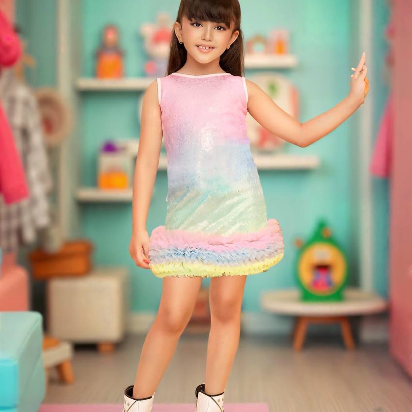 Rainbow Sequin Dress with Ruffle Hemline