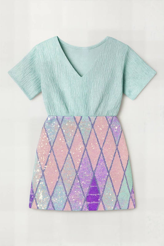 Sky Blue Sequin Dress with Textured Top