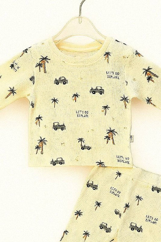 Beige waffle knit night suit with safari print