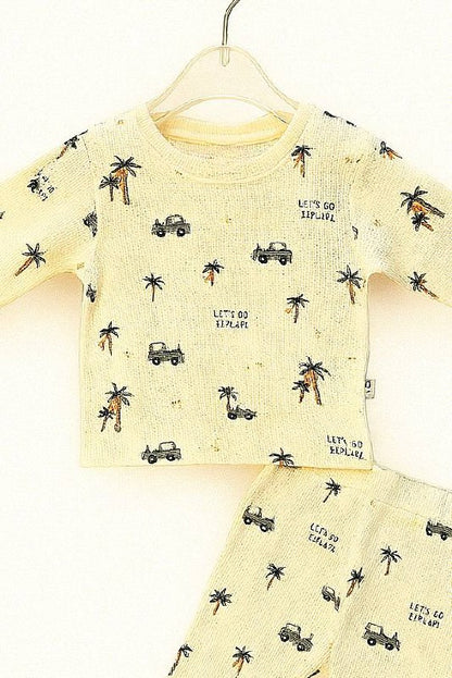 Beige waffle knit night suit with safari print