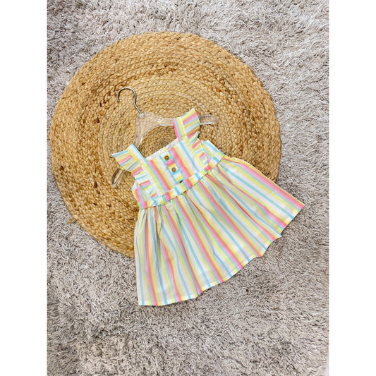 Rainbow Striped Dress with Front Button