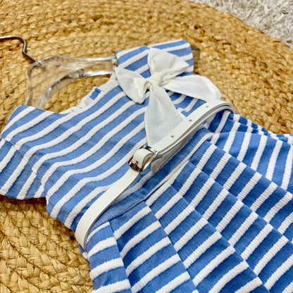 Striped Casual Party Frock with Bow and Belt