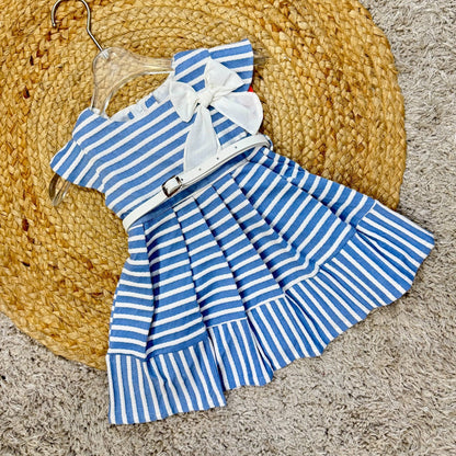 Striped Casual Party Frock with Bow and Belt