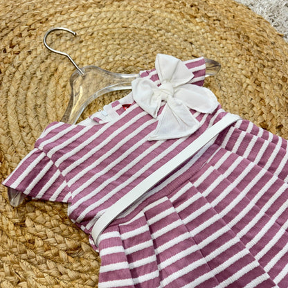 Striped Casual Party Frock with Bow and Belt