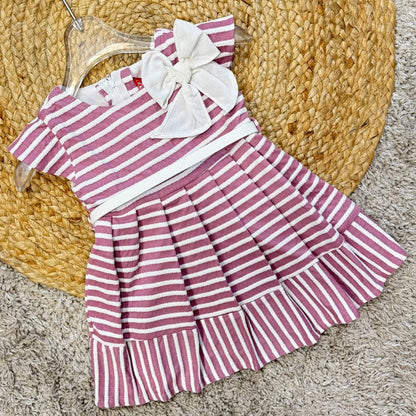 Striped Casual Party Frock with Bow and Belt