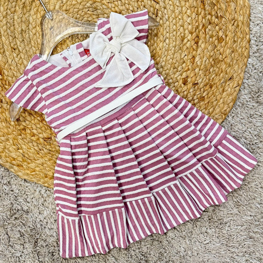 Striped Casual Party Frock with Bow and Belt