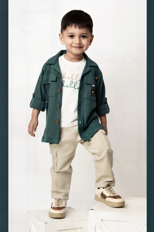 Green Printed Shirt & Beige Shorts Set