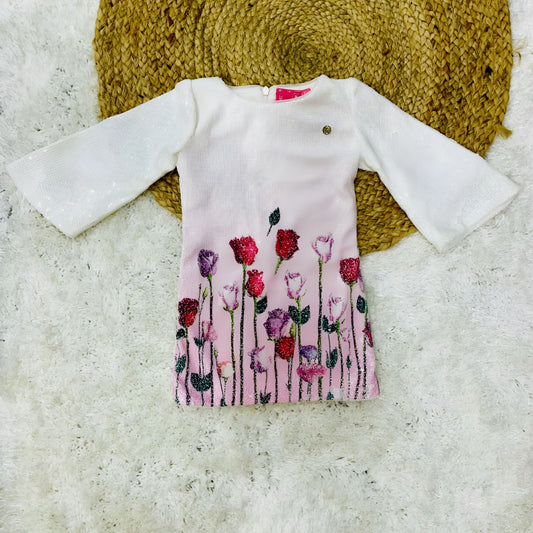 Full Sleeve Flower Printed One Piece Dress with Bag